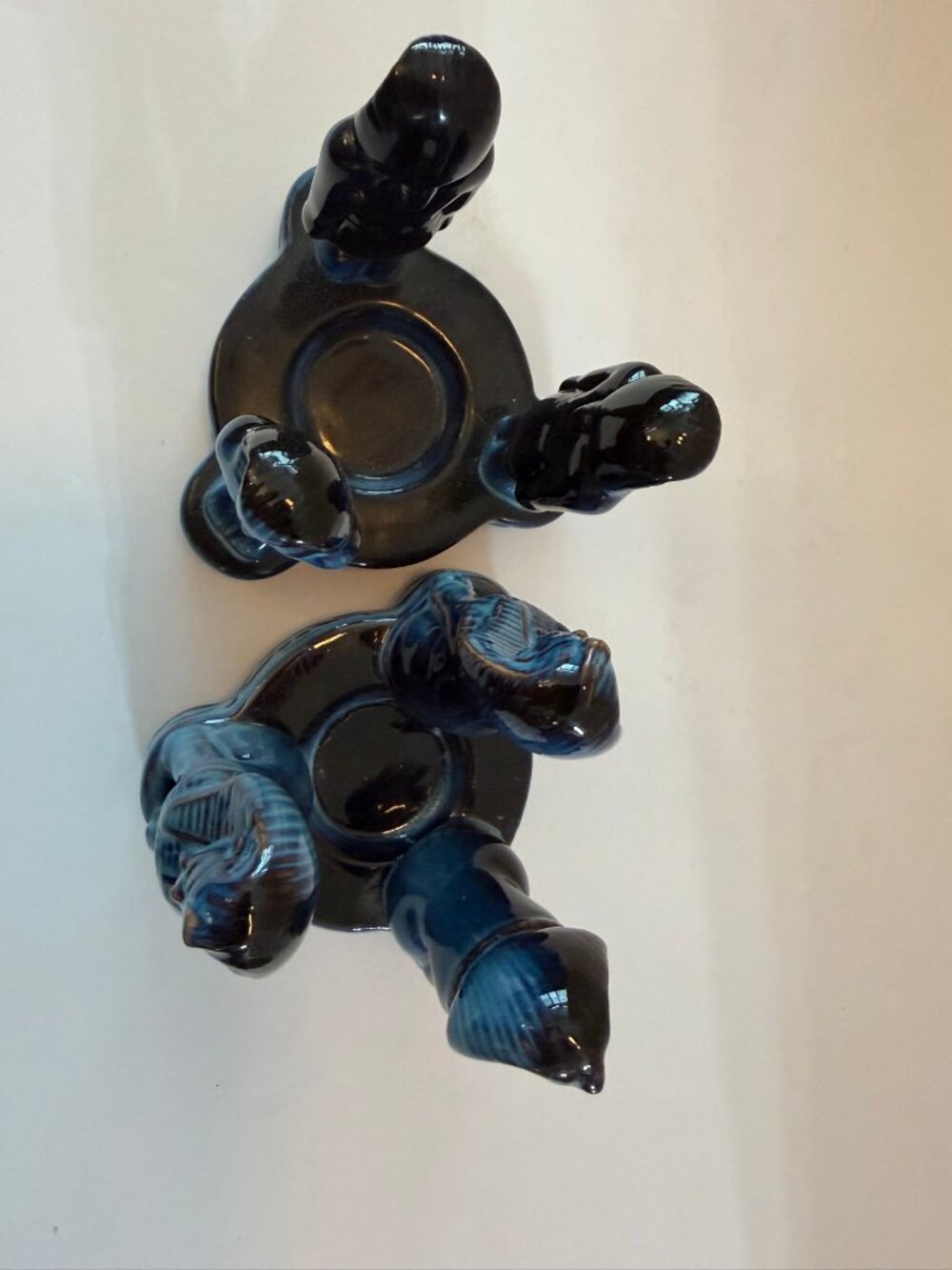 Sap Trading Egyptian Revival Sphinx Candle Holders Blue Glazed Ceramic Pair 6in